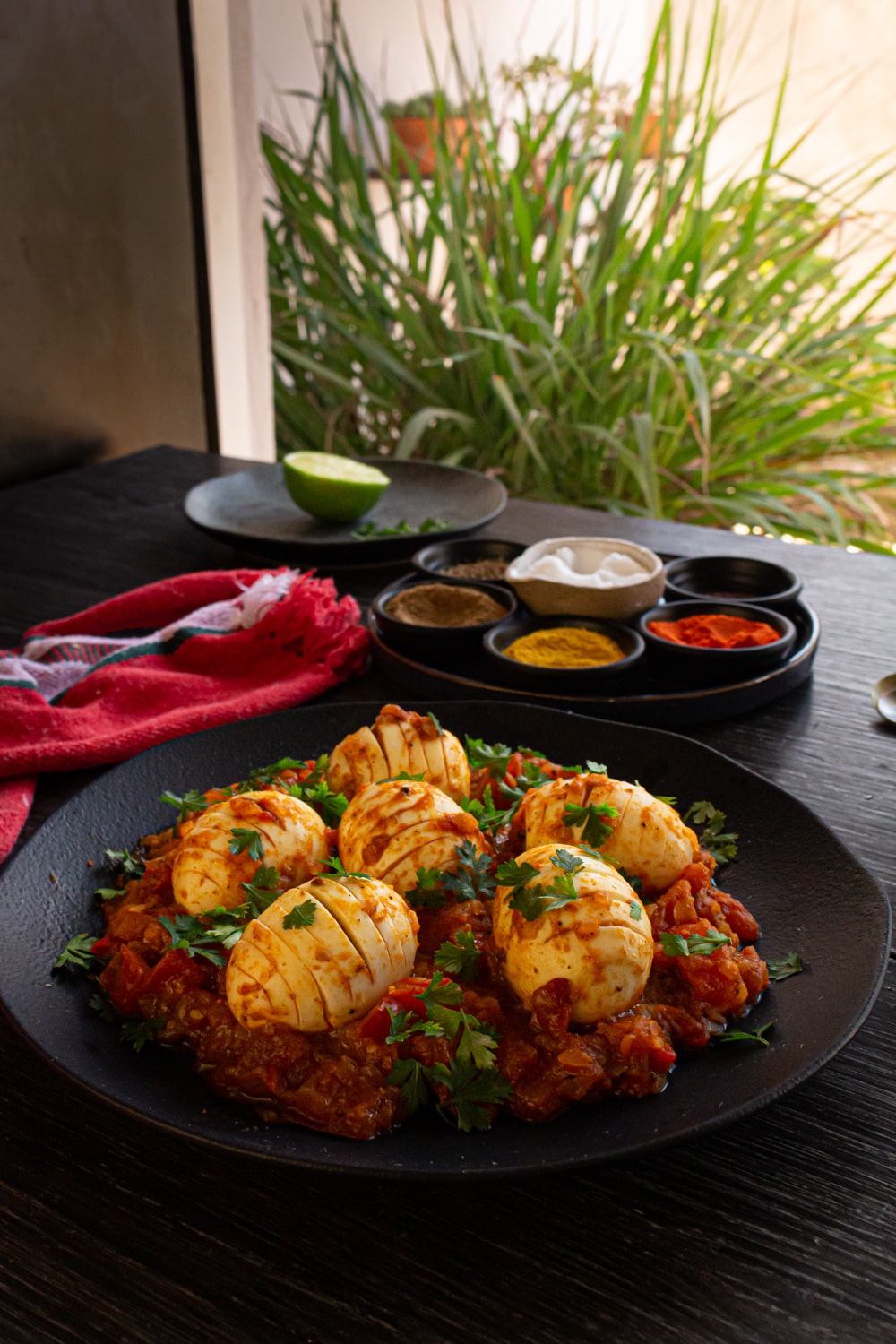 Visão lateral do prato servido, atrás dele um pratinho de temperos e um pano vermelho, além da mesa de madeira tem uma porta aberta e uma planta verde